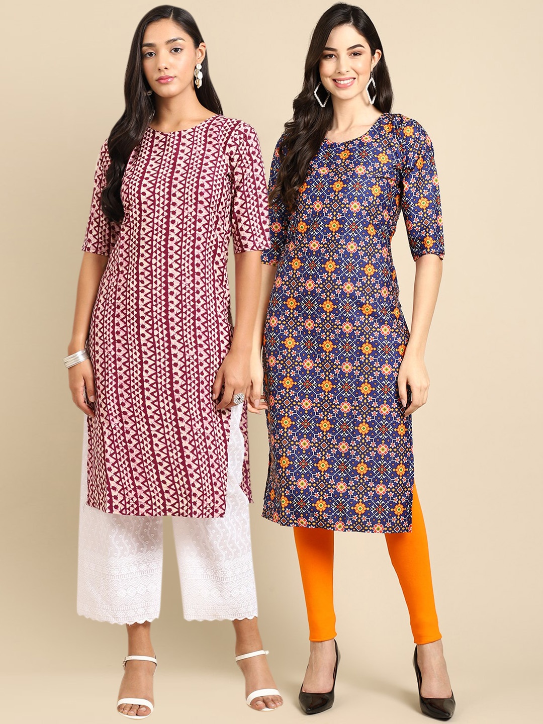

7Threads Women Pack of 2 Geometric Printed Crepe Kurta, Purple