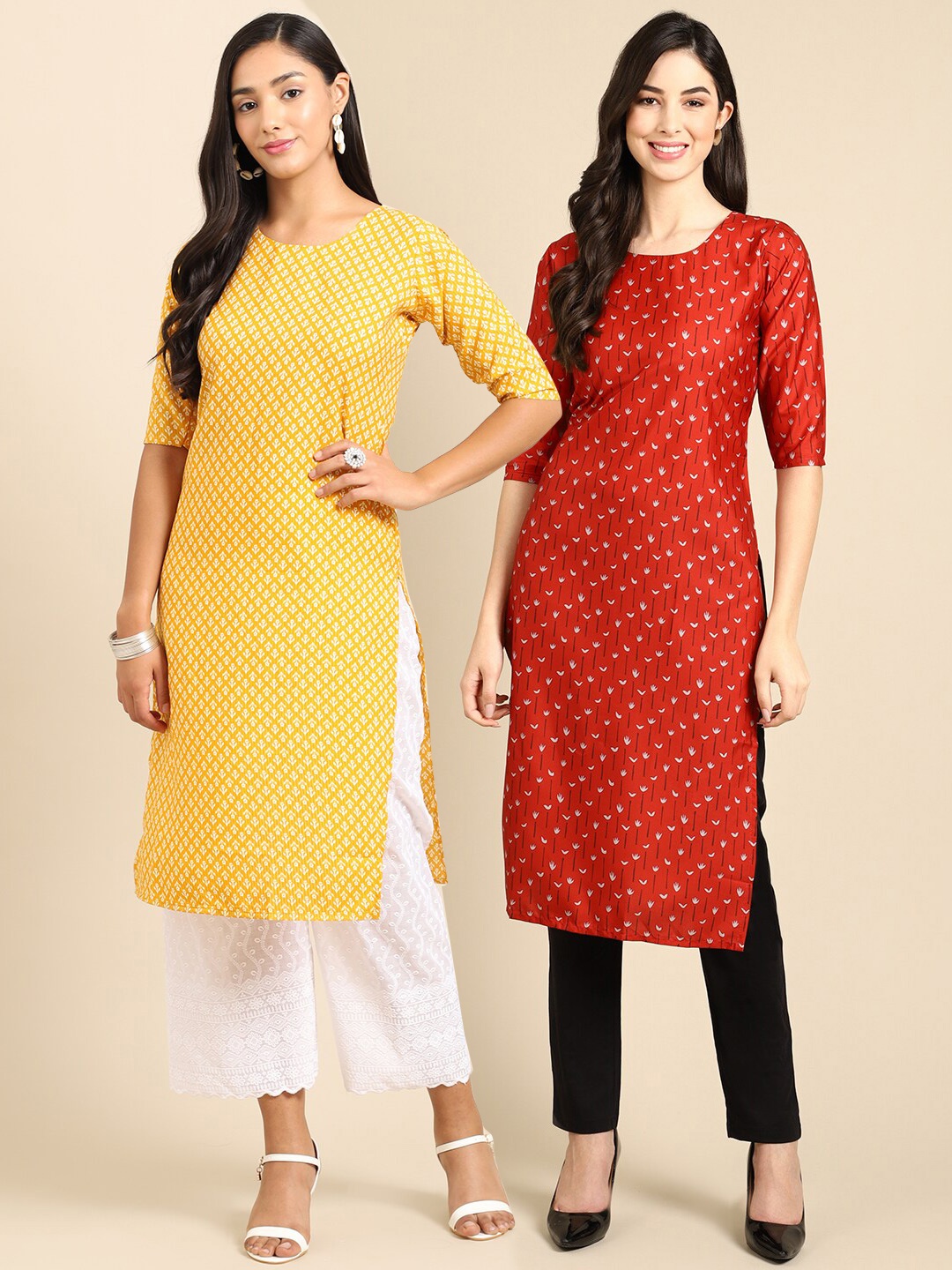 

7Threads Pack Of 2 Printed Crepe Straight Fit Kurta, Yellow