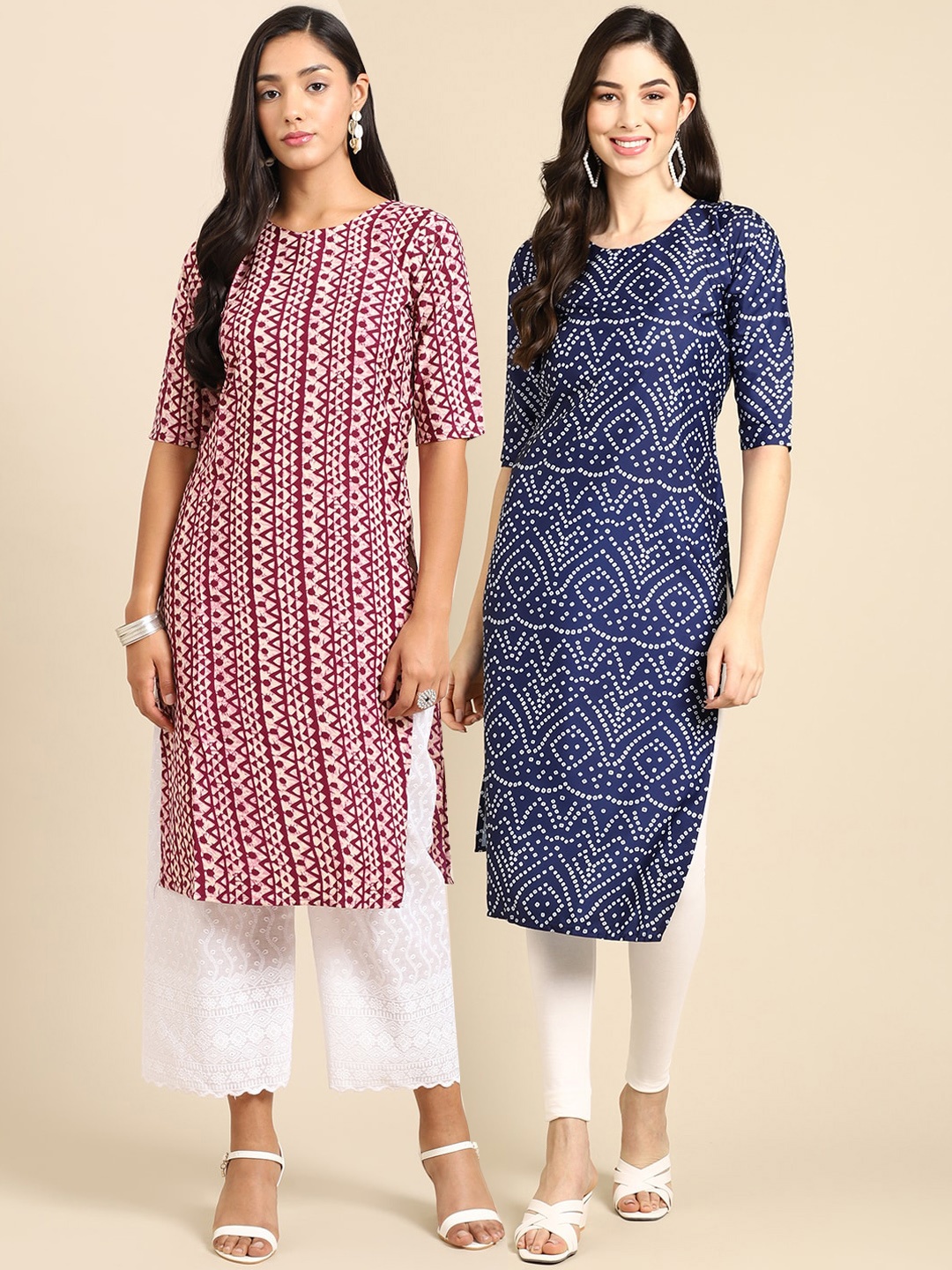 

7Threads Women Pack of 2 Maroon & Blue Printed Crepe Straight Kurta