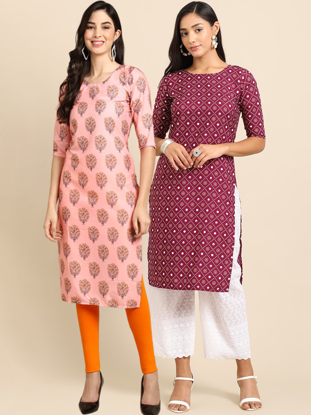 

7Threads Pack Of 2 Printed Crepe Straight Regular Kurta, Pink