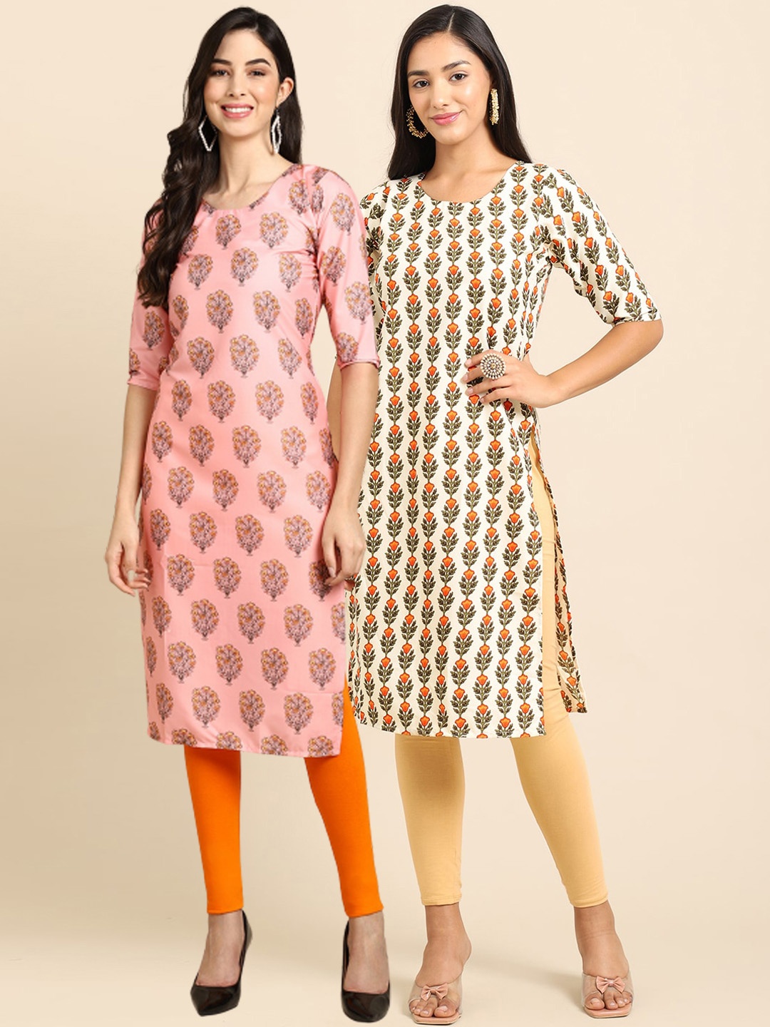 

7Threads Women Pack of 2 Pink & Cream-Coloured Printed Crepe Straight Kurta