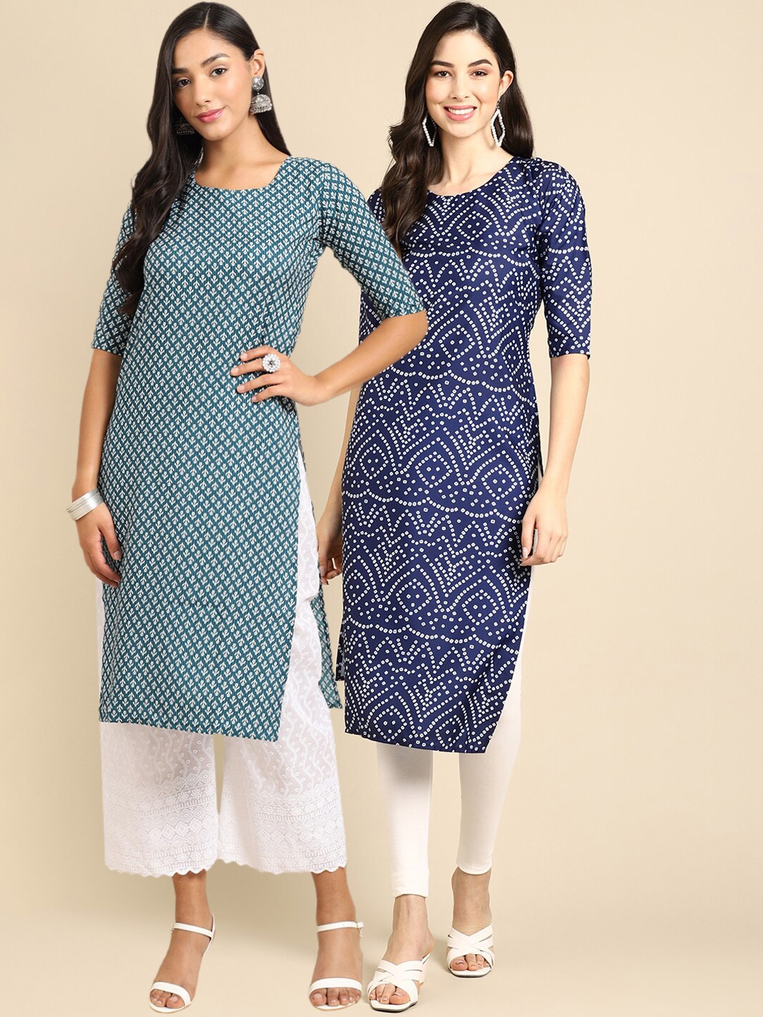 

7Threads Pack Of 2 Ethnic Motifs Printed Crepe Kurta, Teal