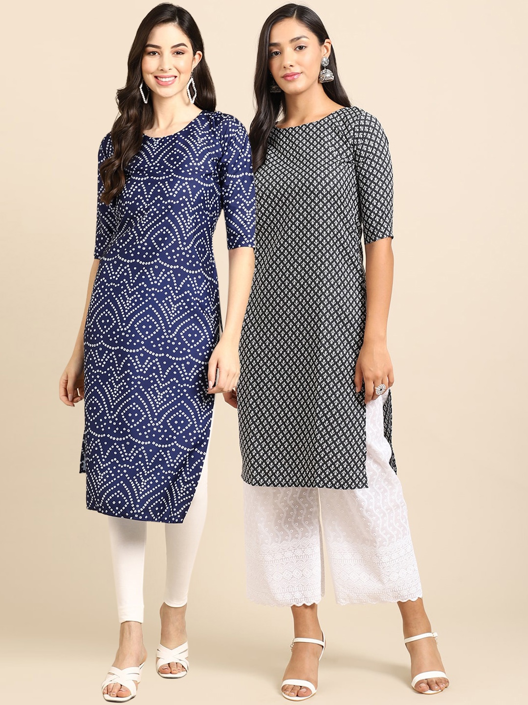 

7Threads Pack Of 2 Printed Crepe Straight Fit Kurta, Blue
