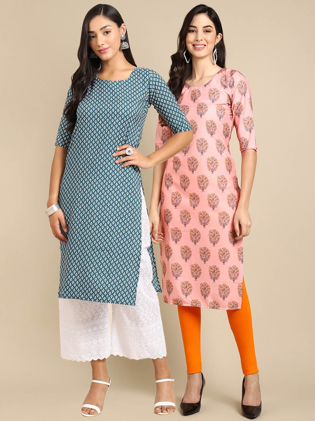 

7Threads Women Pack Of 2 Pink & Blue Geometric Printed Crepe Kurta