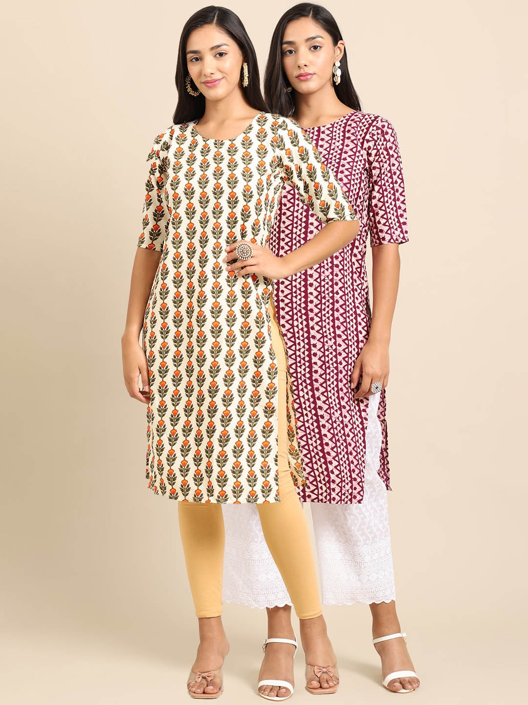 

7Threads Pack Of 2 Floral Printed Straight Crepe Kurta, Maroon