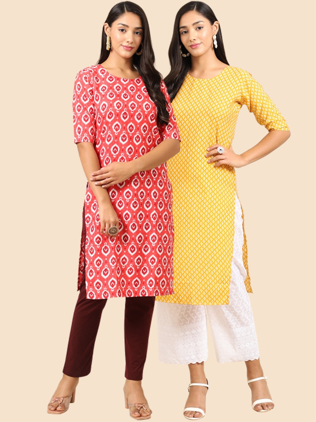 

7Threads Pack Of 2 Geometric Printed Straight Crepe Kurta, Red