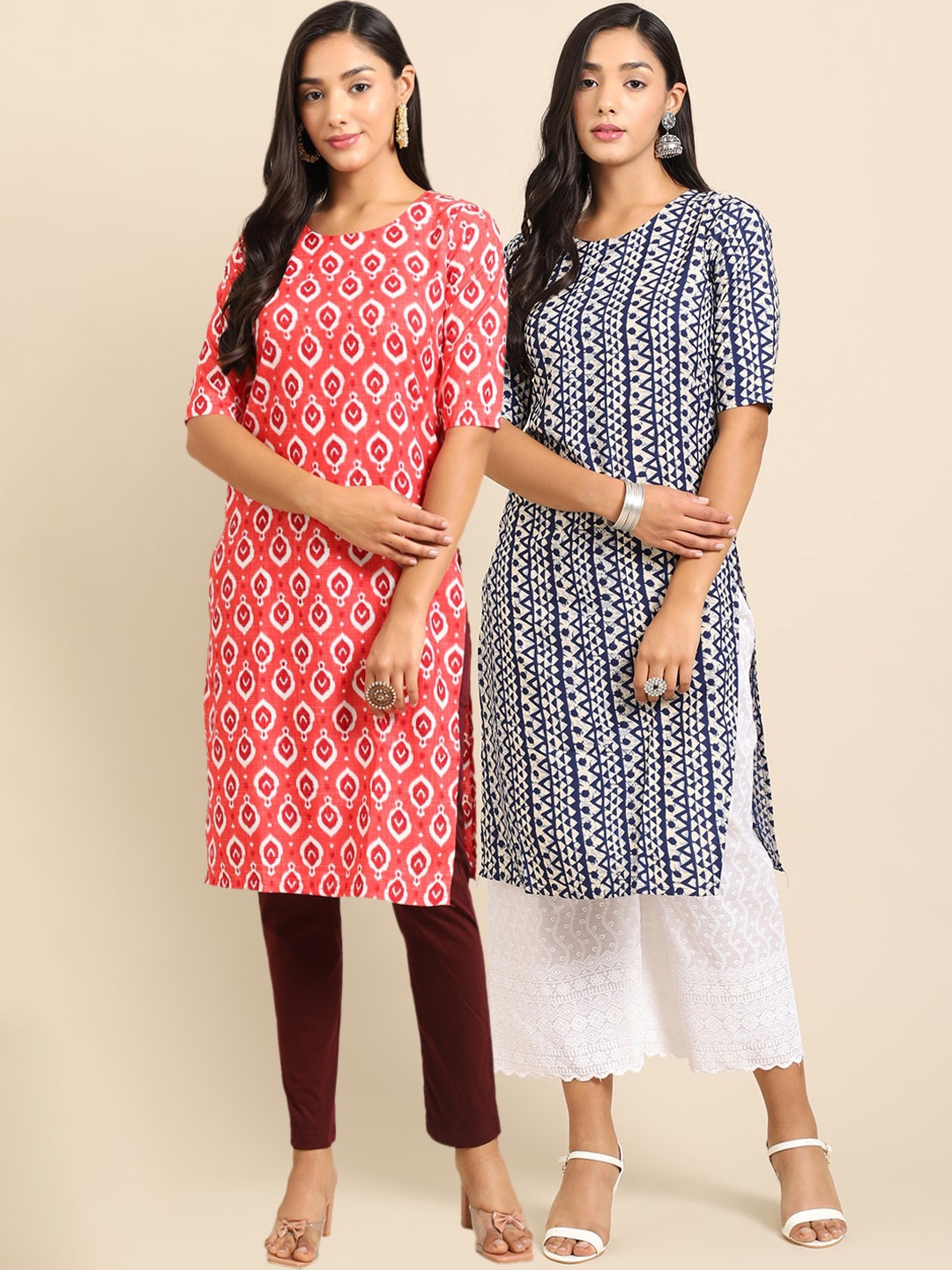 7Threads Women Pack Of 2 Red & Navy Blue Printed Crepe Kurta