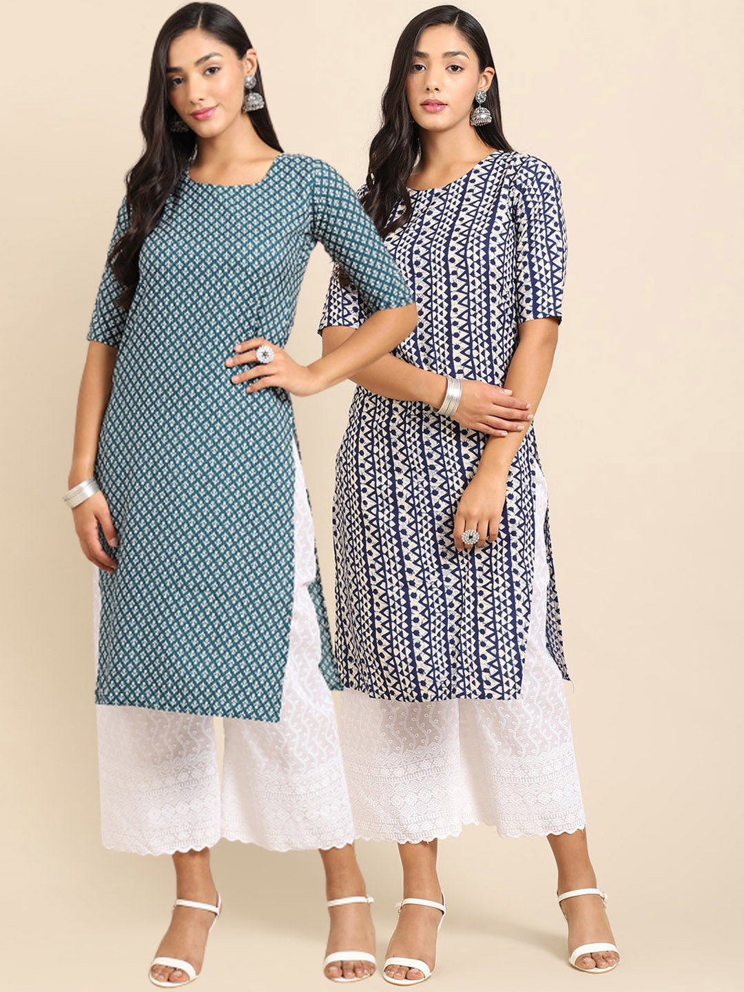 

7Threads Pack Of 2 Geometric Printed Straight Crepe Kurta, Navy blue
