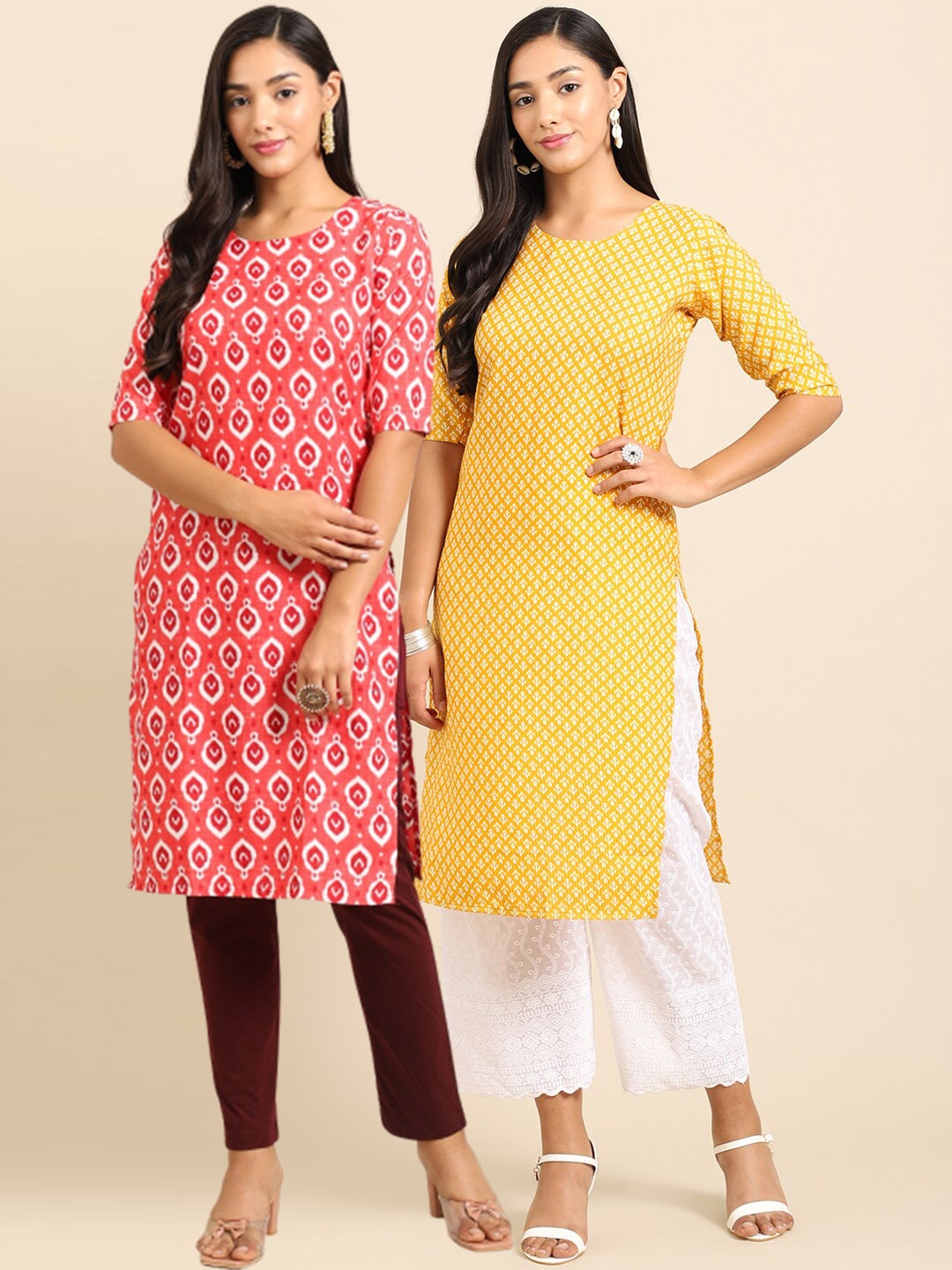 

7Threads Women Pack of 2 Ethnic Motifs Printed Crepe Kurta, Orange