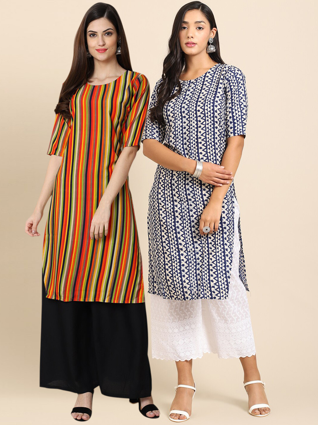 

7Threads Women Pack of 2 Ethnic Motifs Printed Crepe Kurta, Yellow