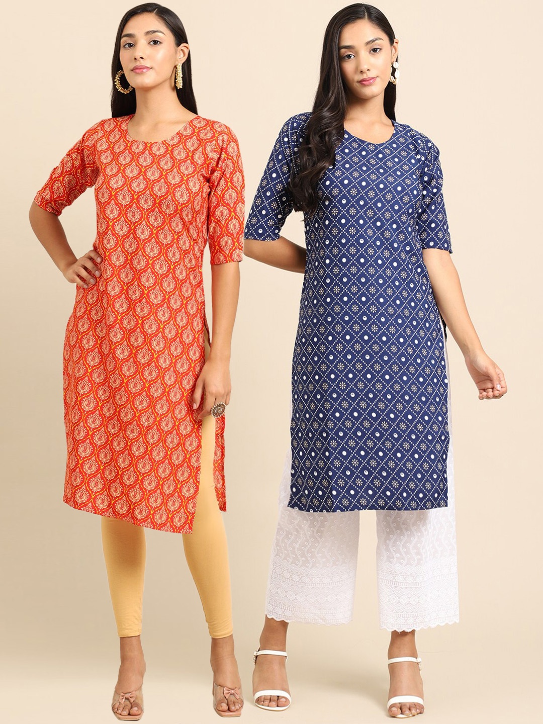 

7Threads Women Pack of 2 Ethnic Motifs Printed Crepe Kurta, Orange