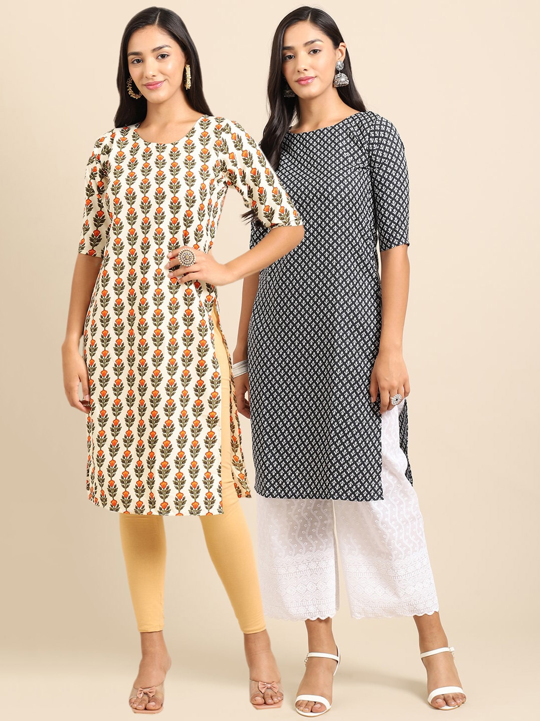 

7Threads Women Pack of 2 Ethnic Motifs Printed Crepe Kurta, Beige