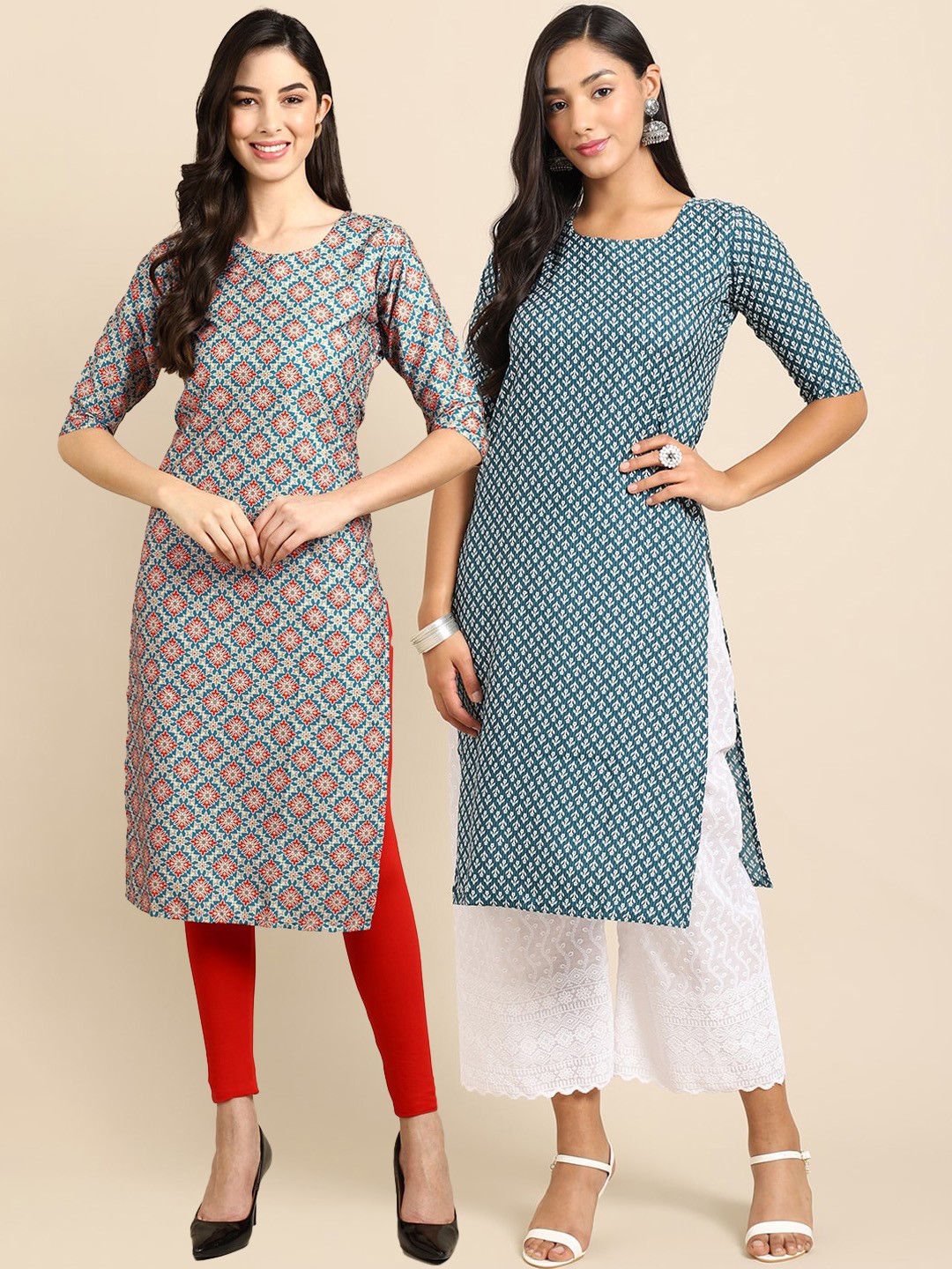 

7Threads Pack Of 2 Ethnic Motifs Printed Crepe Kurta, Turquoise blue