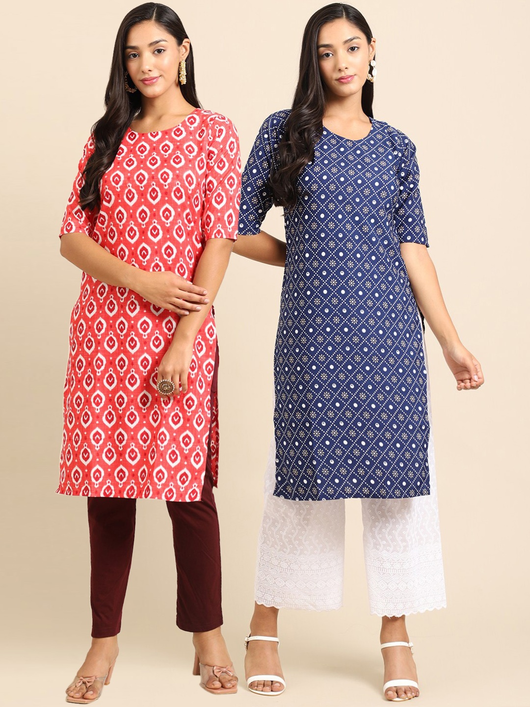 

7Threads Women Pink & Blue Pack of 2 Geometric Printed Crepe Kurta