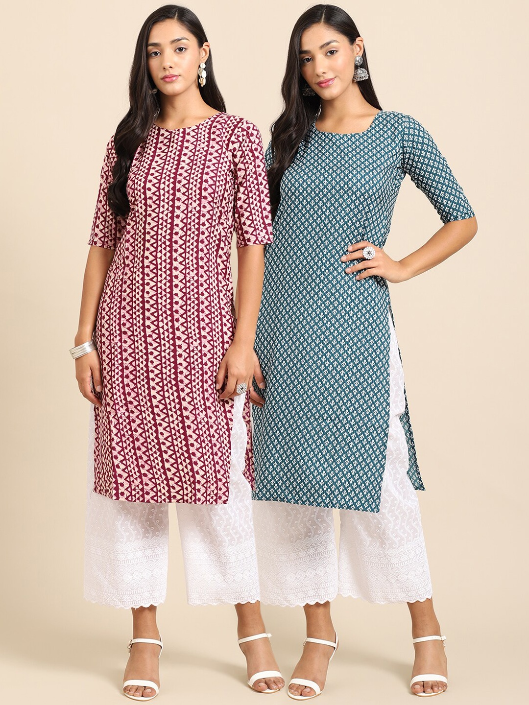 7Threads Pack Of 2 Geometric Printed Crepe Kurta, White