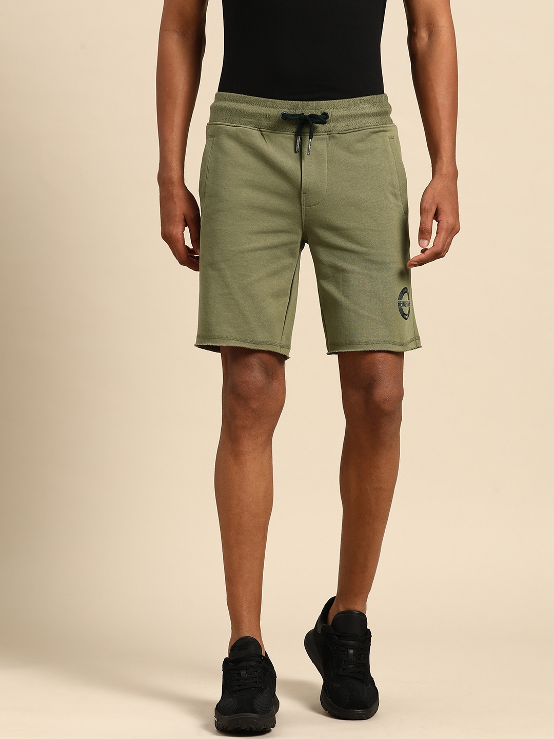 

Being Human Men Logo Detail Pure Cotton Knitted Track Shorts, Olive