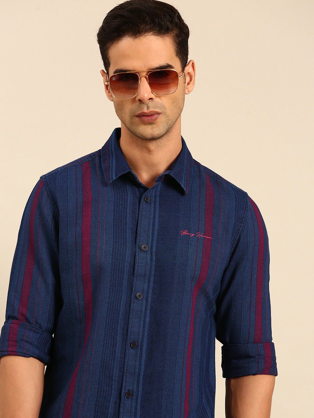 

Being Human Pure Cotton Slim Fit Striped Casual Shirt, Navy blue
