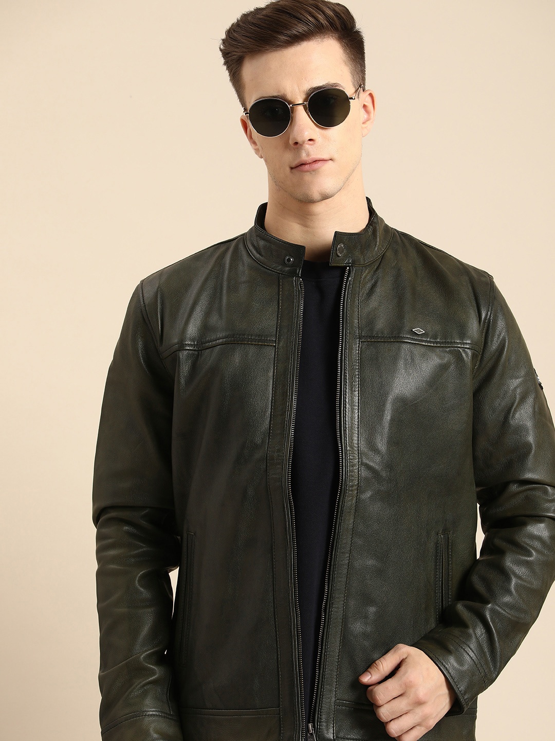 

Being Human Solid Leather Jacket, Olive