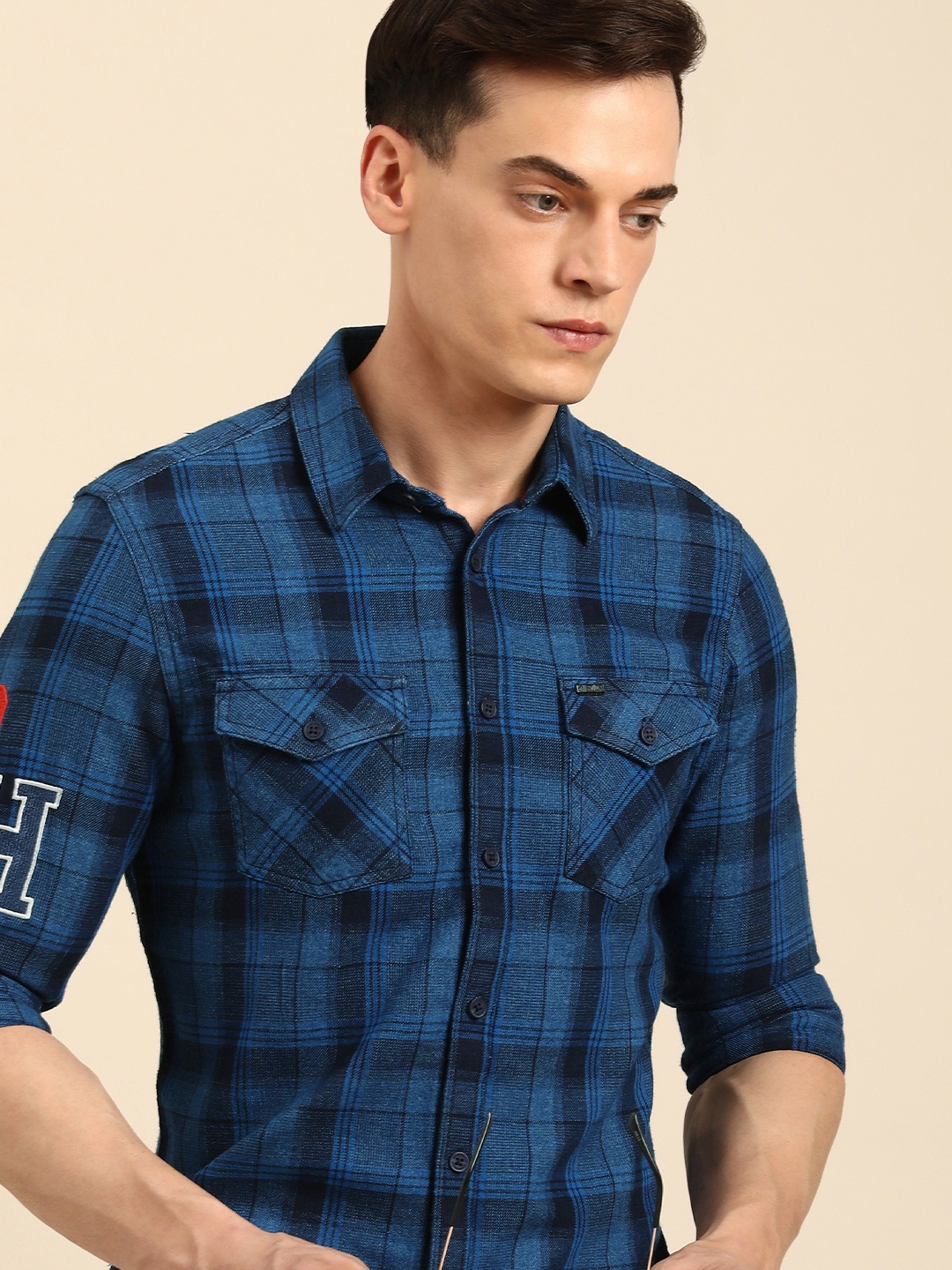 

Being Human Men Slim Fit Tartan Checked Pure Cotton Casual Shirt, Navy blue