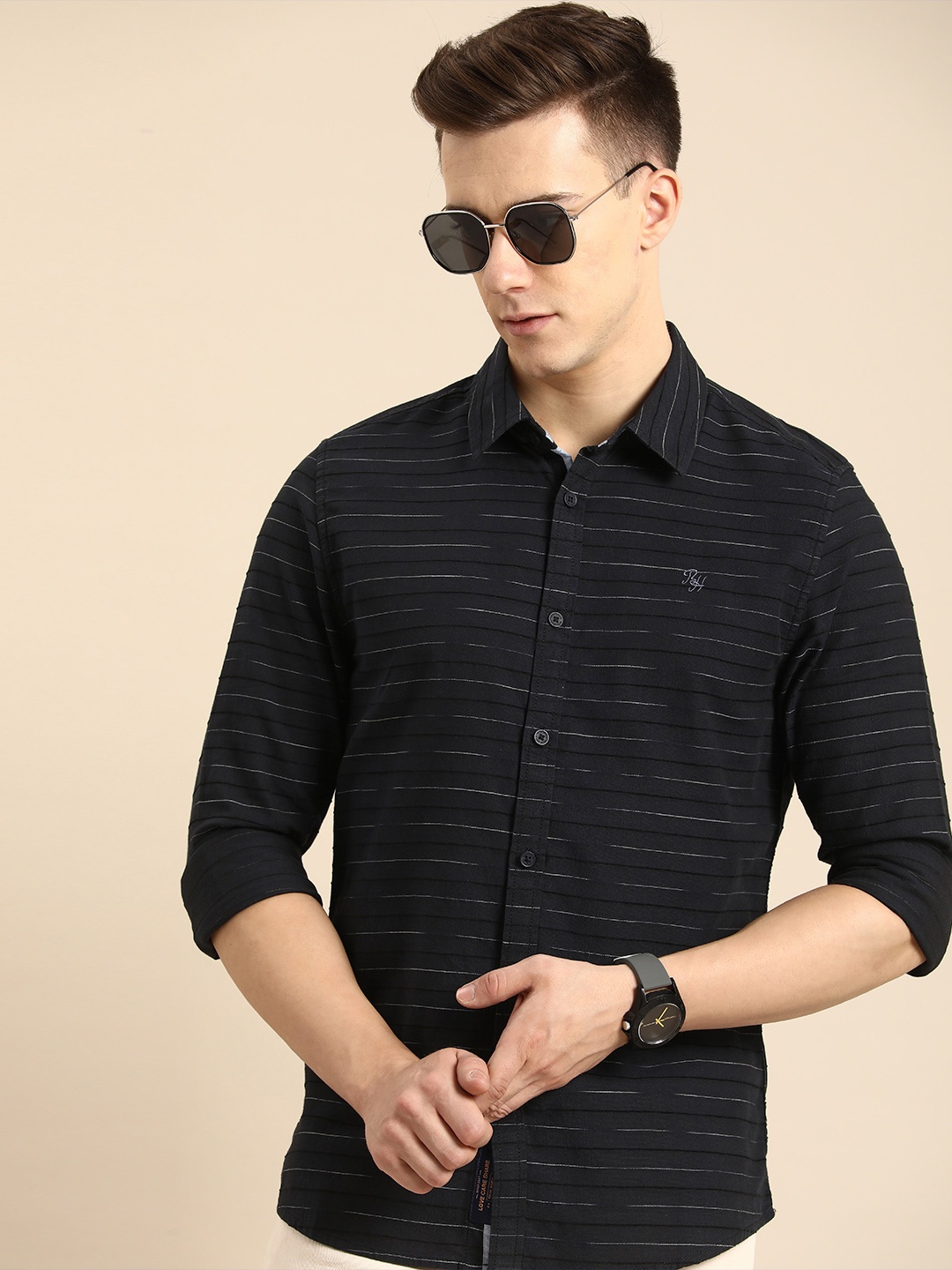 

Being Human Slim Fit Horizontal Striped Pure Cotton Casual Shirt, Navy blue