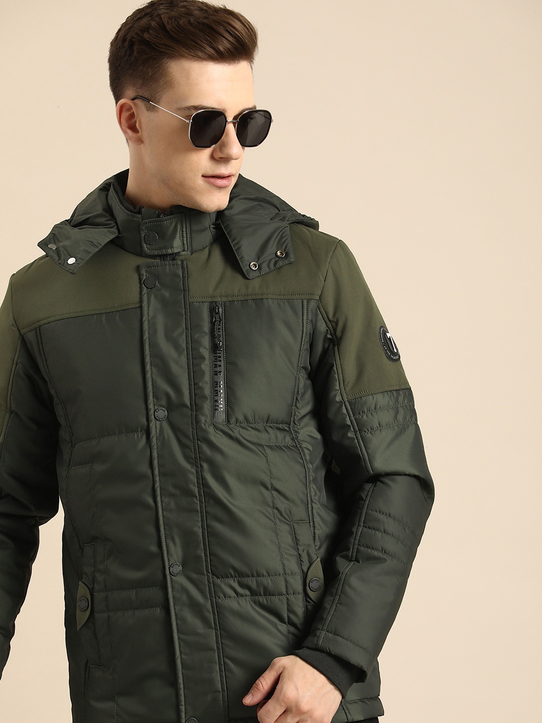 

Being Human Detachable Hood Padded Jacket, Olive