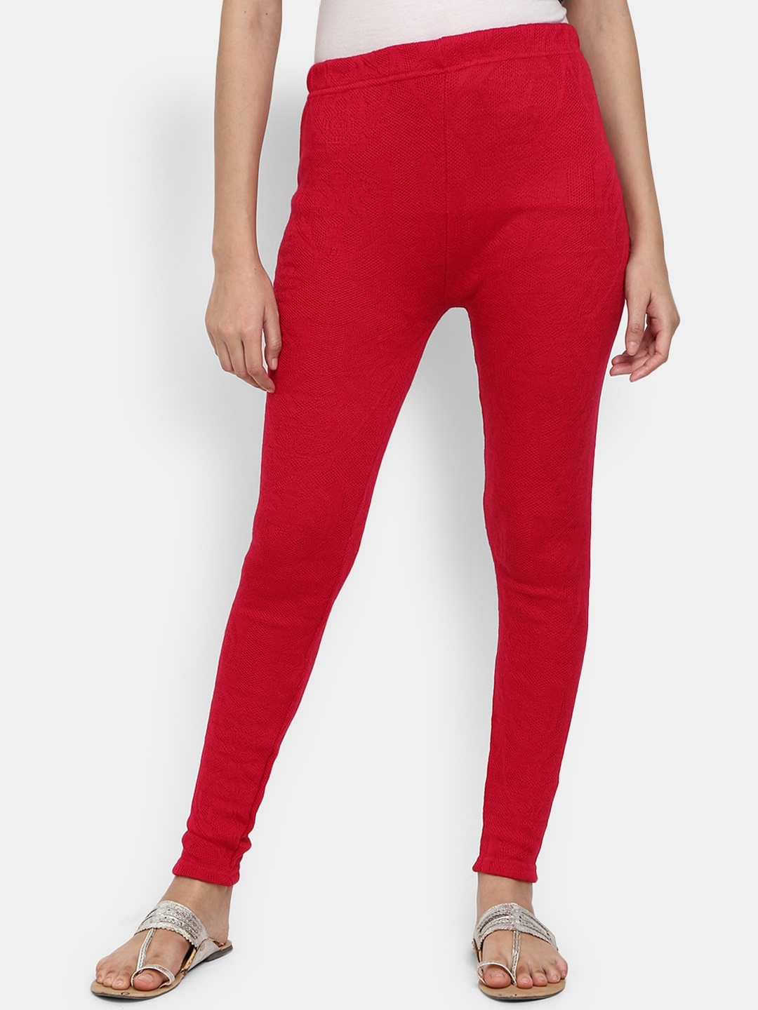 

V-Mart Women Fuchsia Pink Solid Cotton Ankle-Length Leggings, Red