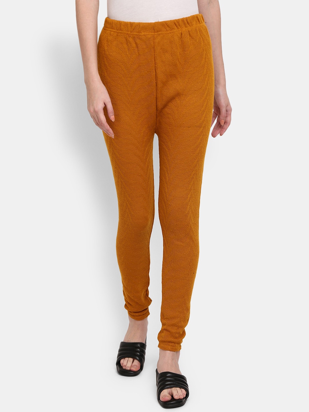 

V-Mart Women Mustard Yellow Solid Cotton Churidar-Length Leggings