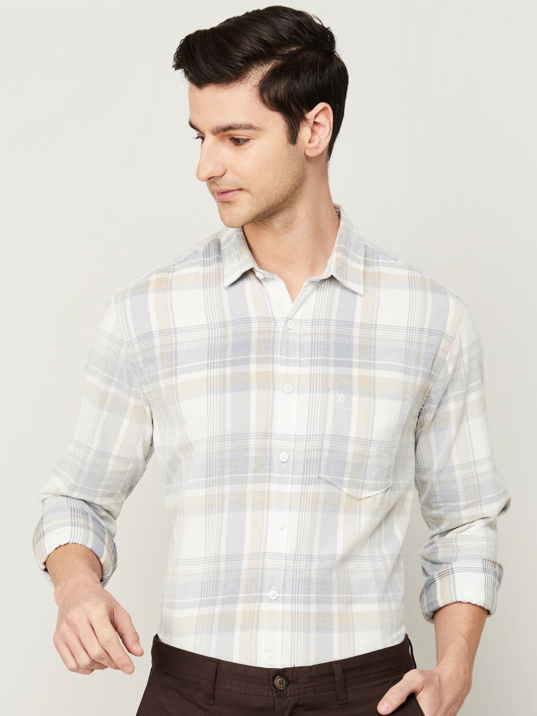 

CODE by Lifestyle Men Cream-Coloured Tartan Checked Cotton Casual Shirt