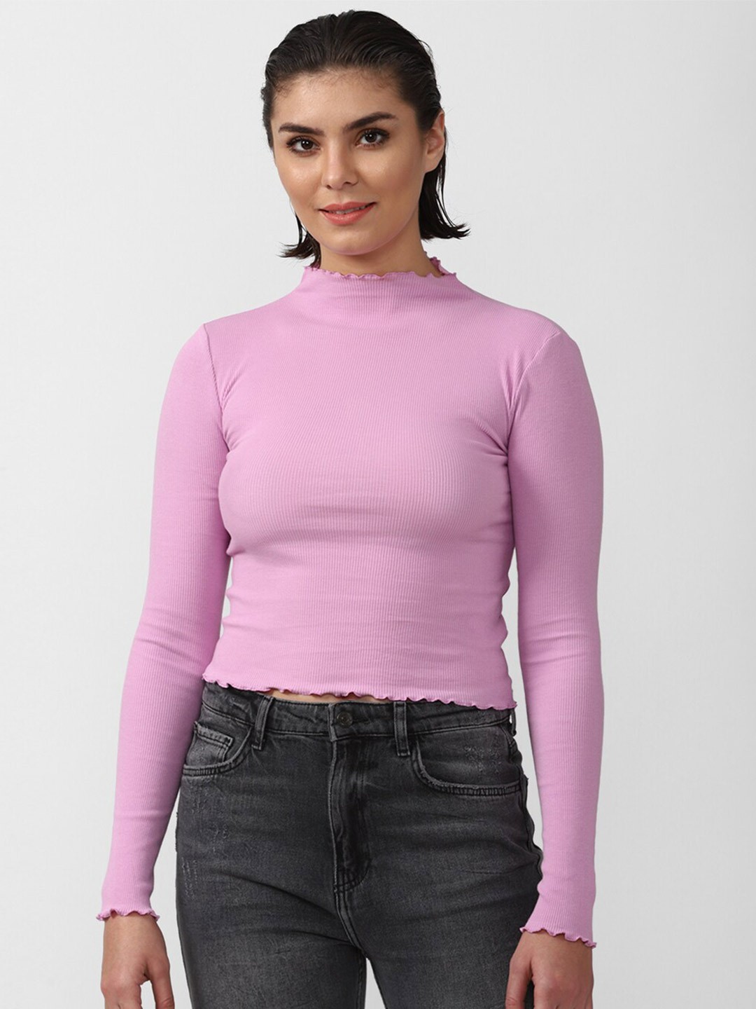 

FOREVER 21 Purple Solid High Neck Regular Top
