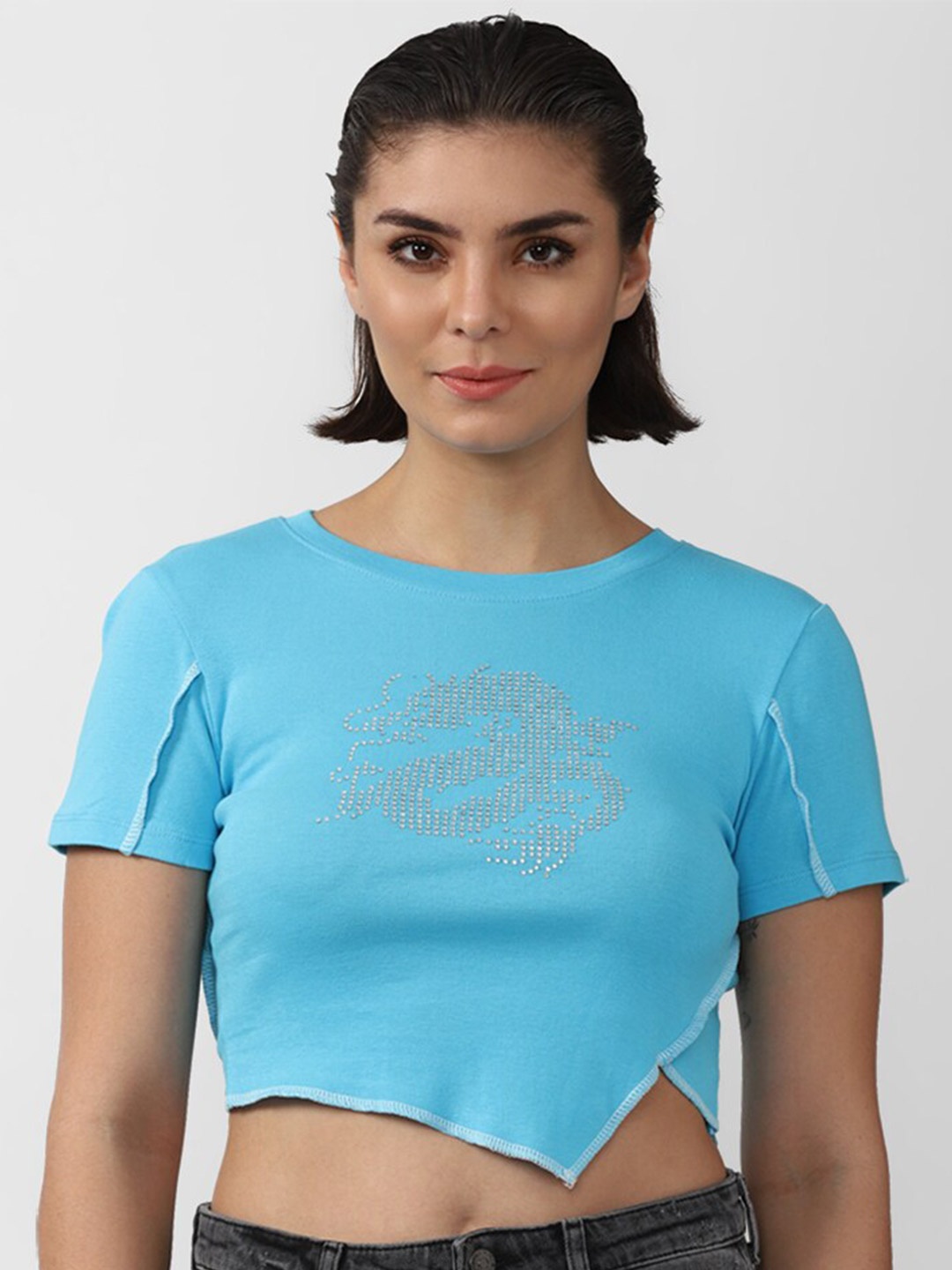 

FOREVER 21 Blue Sequinned Pure Cotton Crop Top