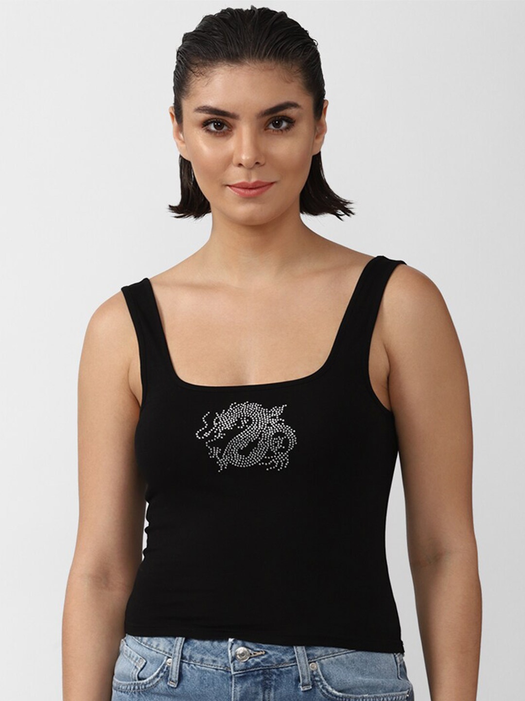 

FOREVER 21 Women Black Square Neck Tank Top