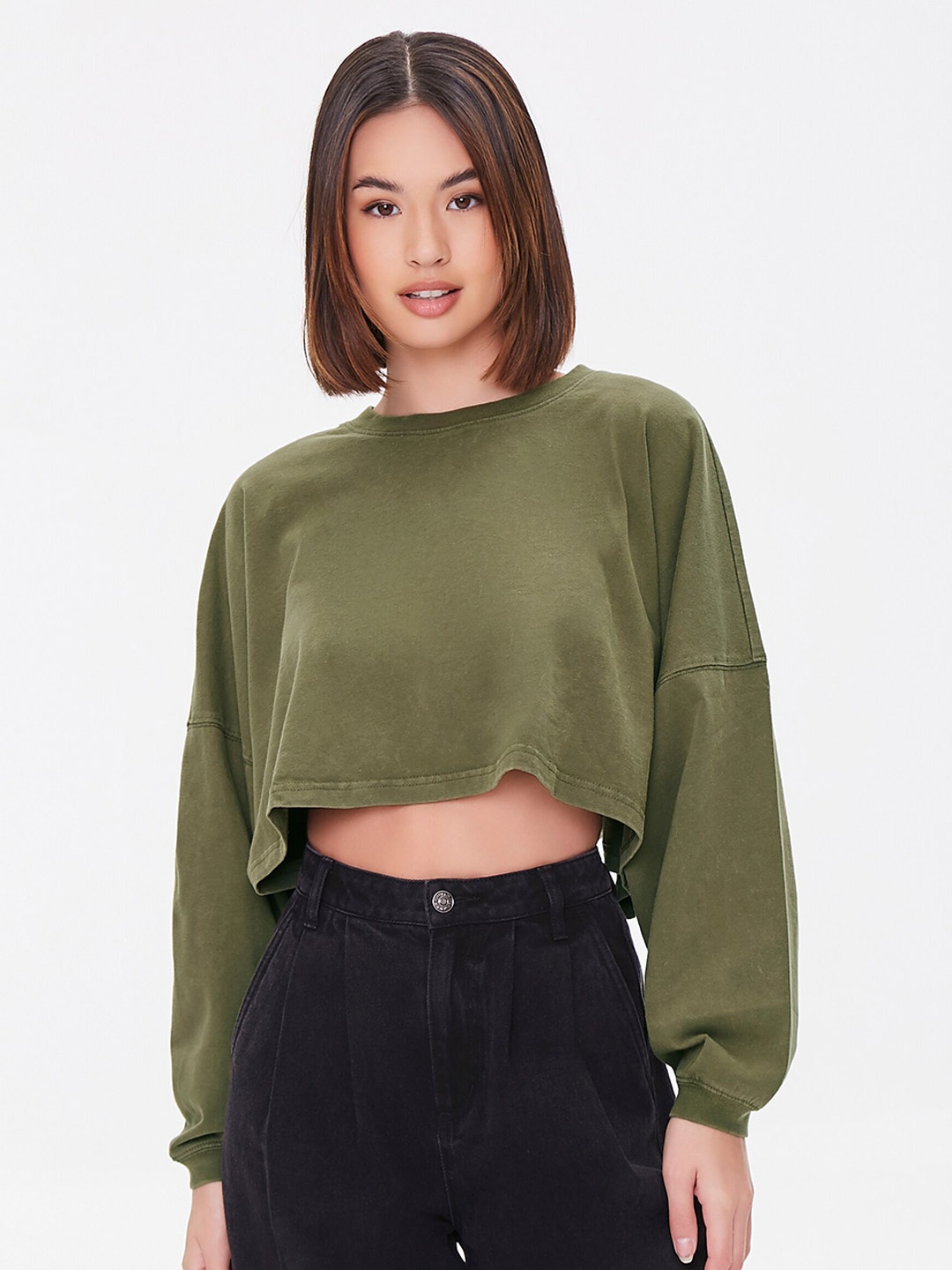 

FOREVER 21 Olive Green Solid Pure Cotton Crop Top