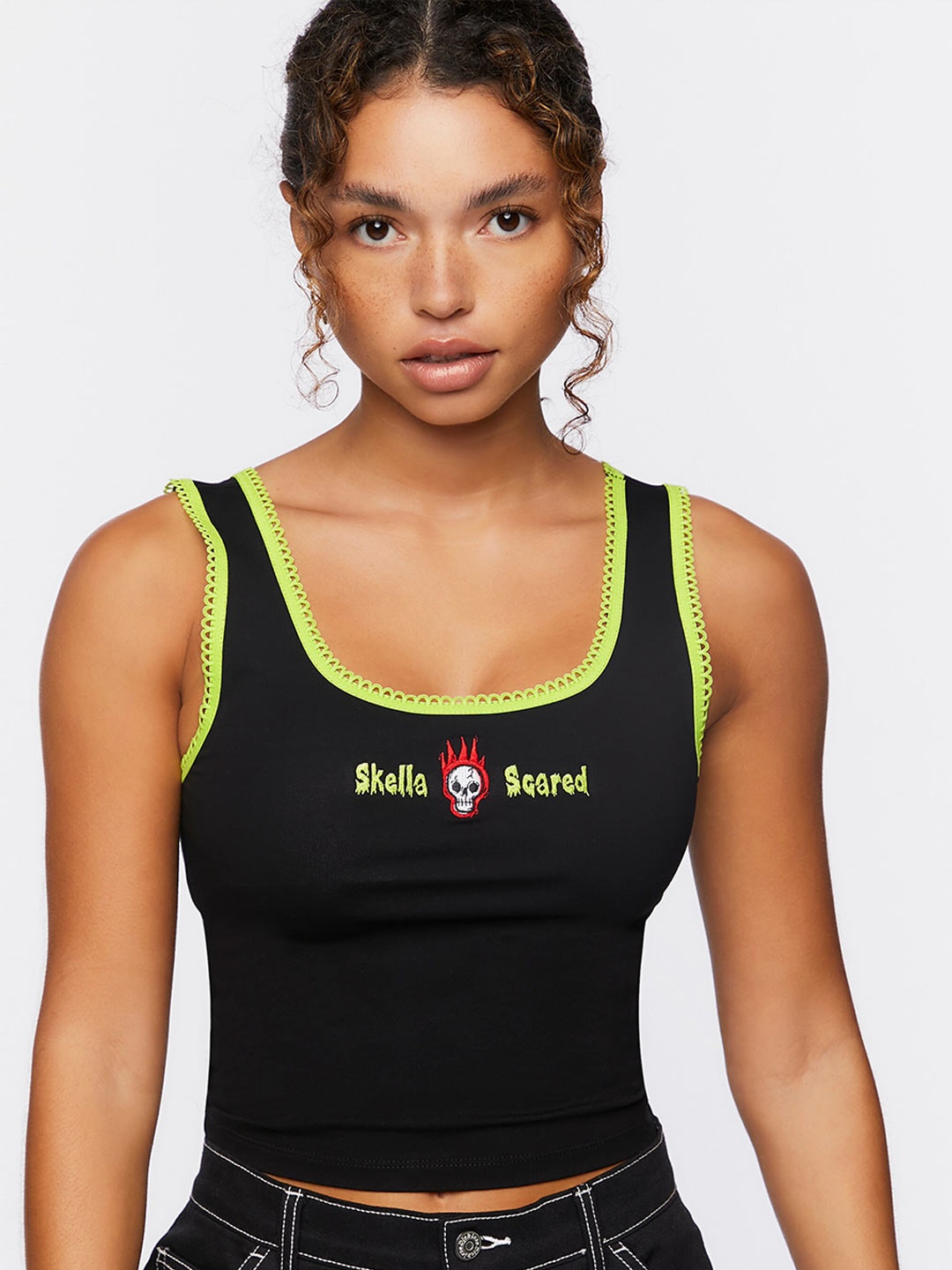 

FOREVER 21 Black & Lime Green Embroidered Tank Crop Top