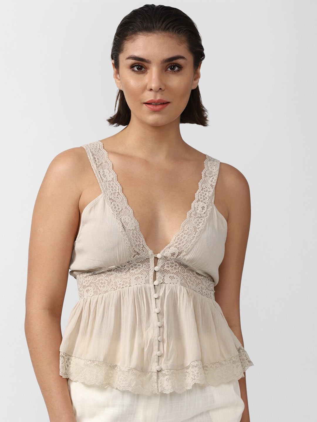 

FOREVER 21 Women Beige Solid Lace Top
