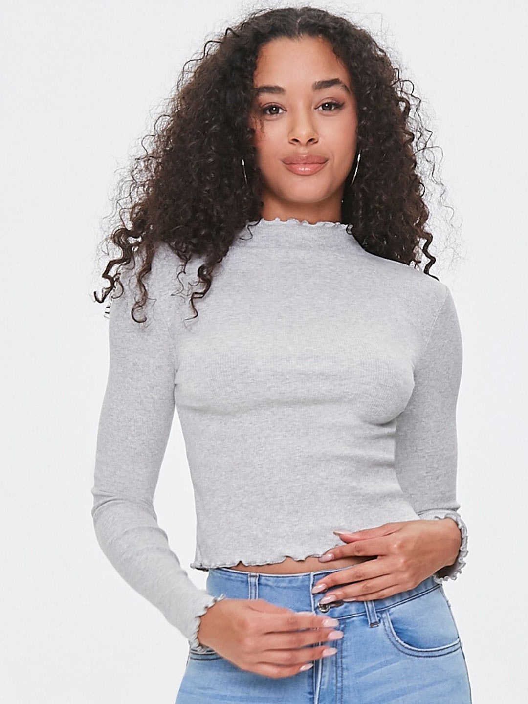 

FOREVER 21 Grey Solid High Neck Regular Top