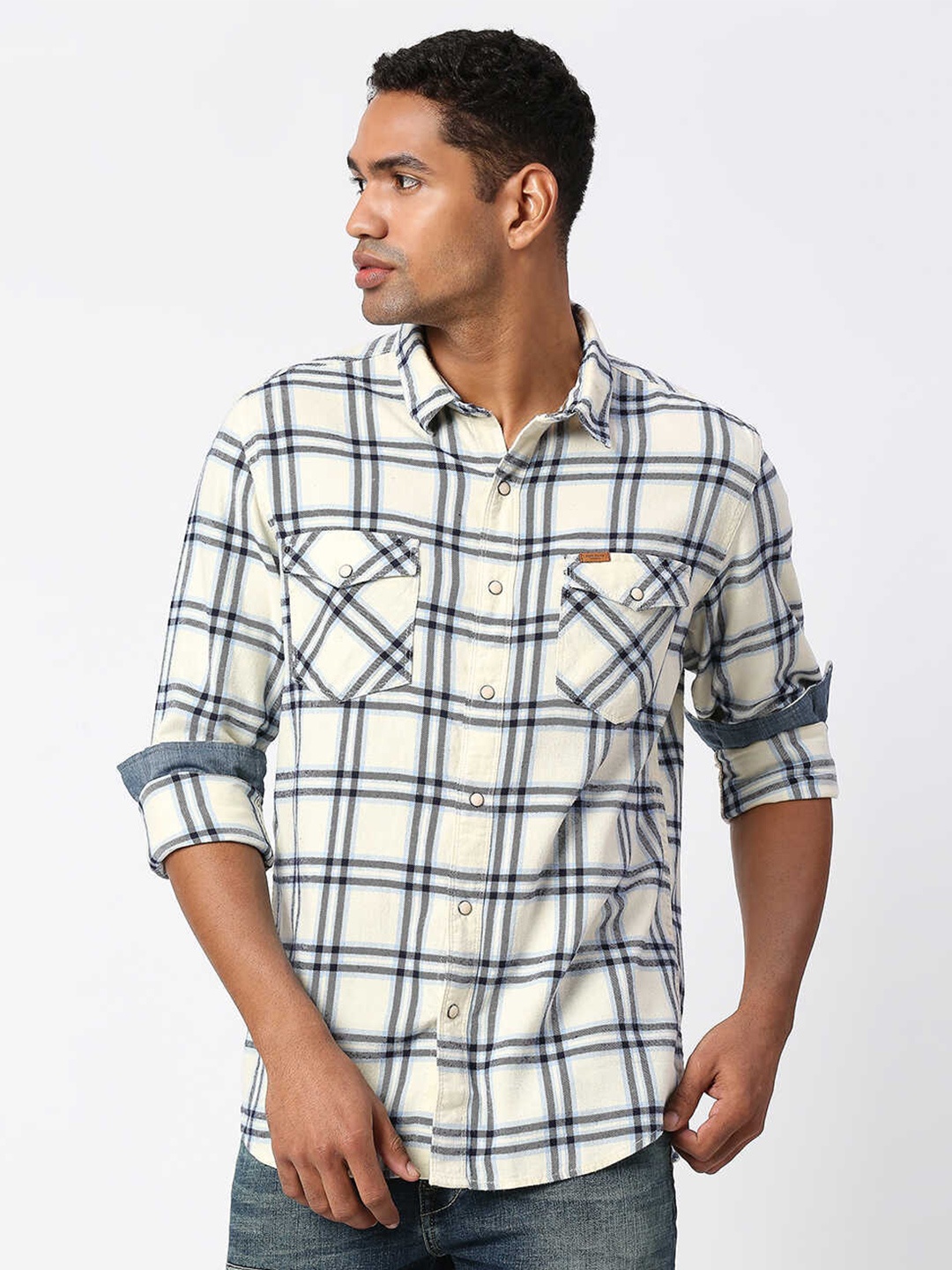 Pepe Jeans Men White Tartan Checks Checked Casual Shirt