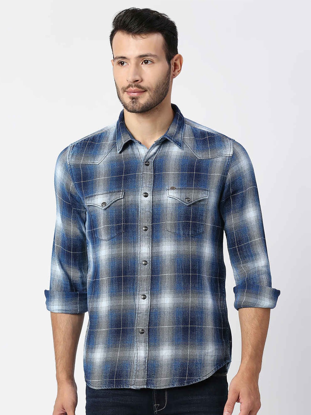 

Pepe Jeans Checked Spread Collar Long sleeves Cotton Casual Shirt, Blue