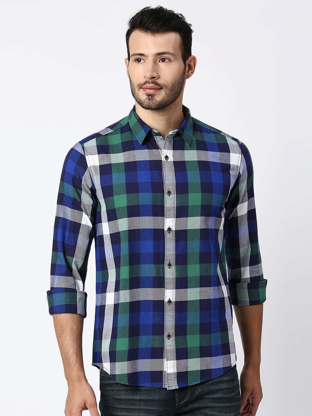 

Pepe Jeans Men Navy Blue Buffalo Checks Checked Cotton Casual Shirt