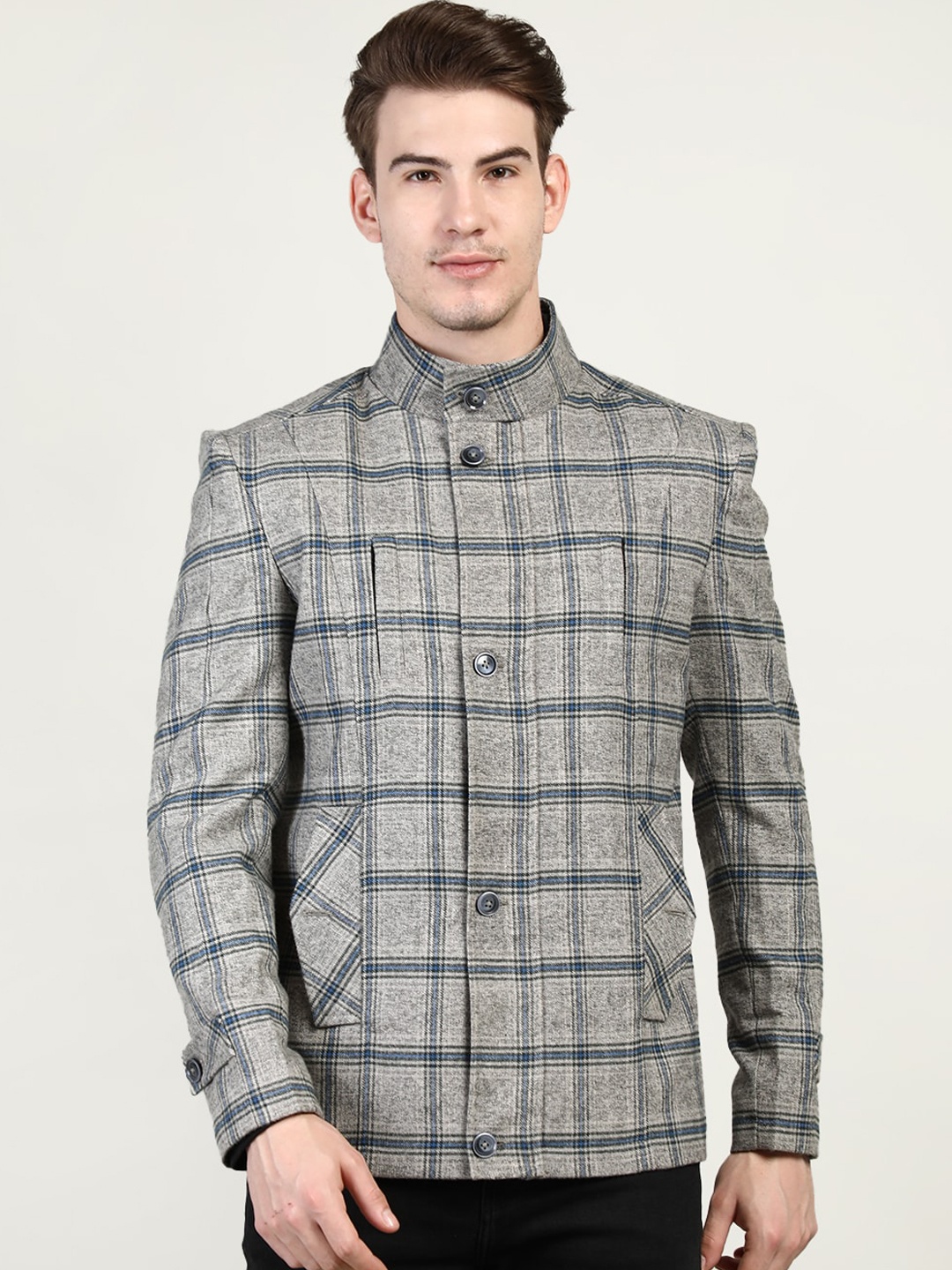 

Dlanxa Men Grey Checked Overcoat