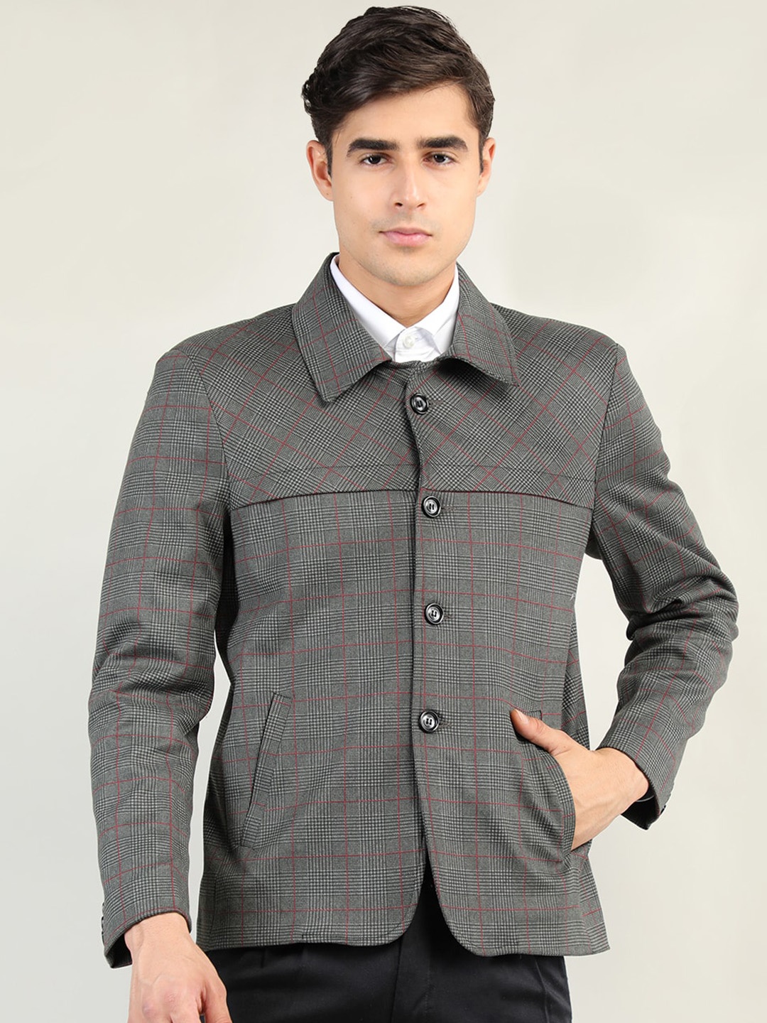 

Dlanxa Men Grey Maroon Checked Tailored Jacket