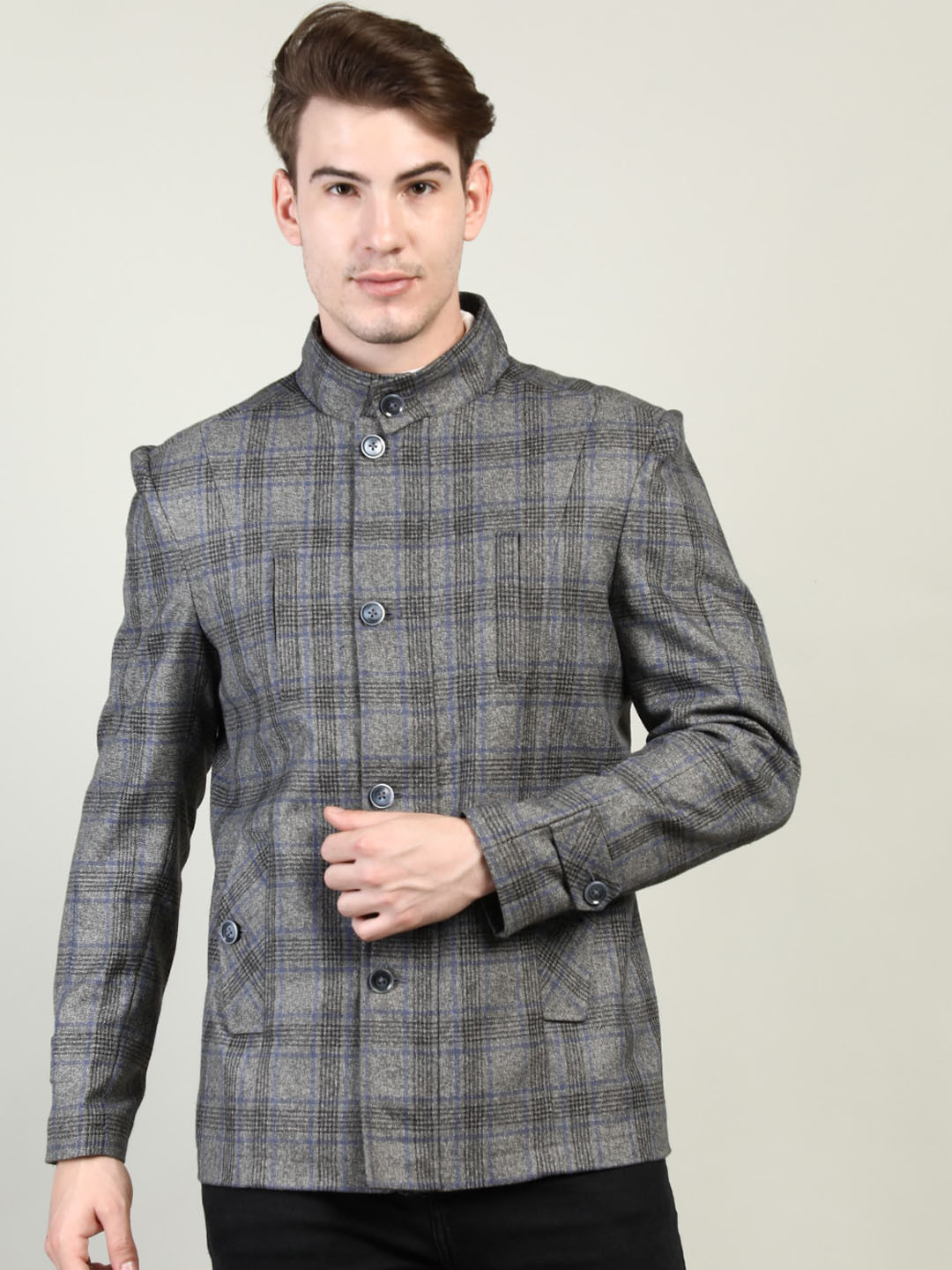 

Dlanxa Men Grey Checked Overcoat