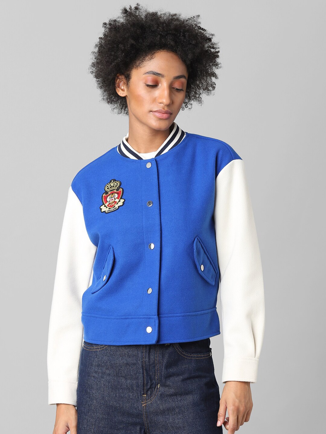 

ONLY Women Blue White Colourblocked Longline Bomber Jacket