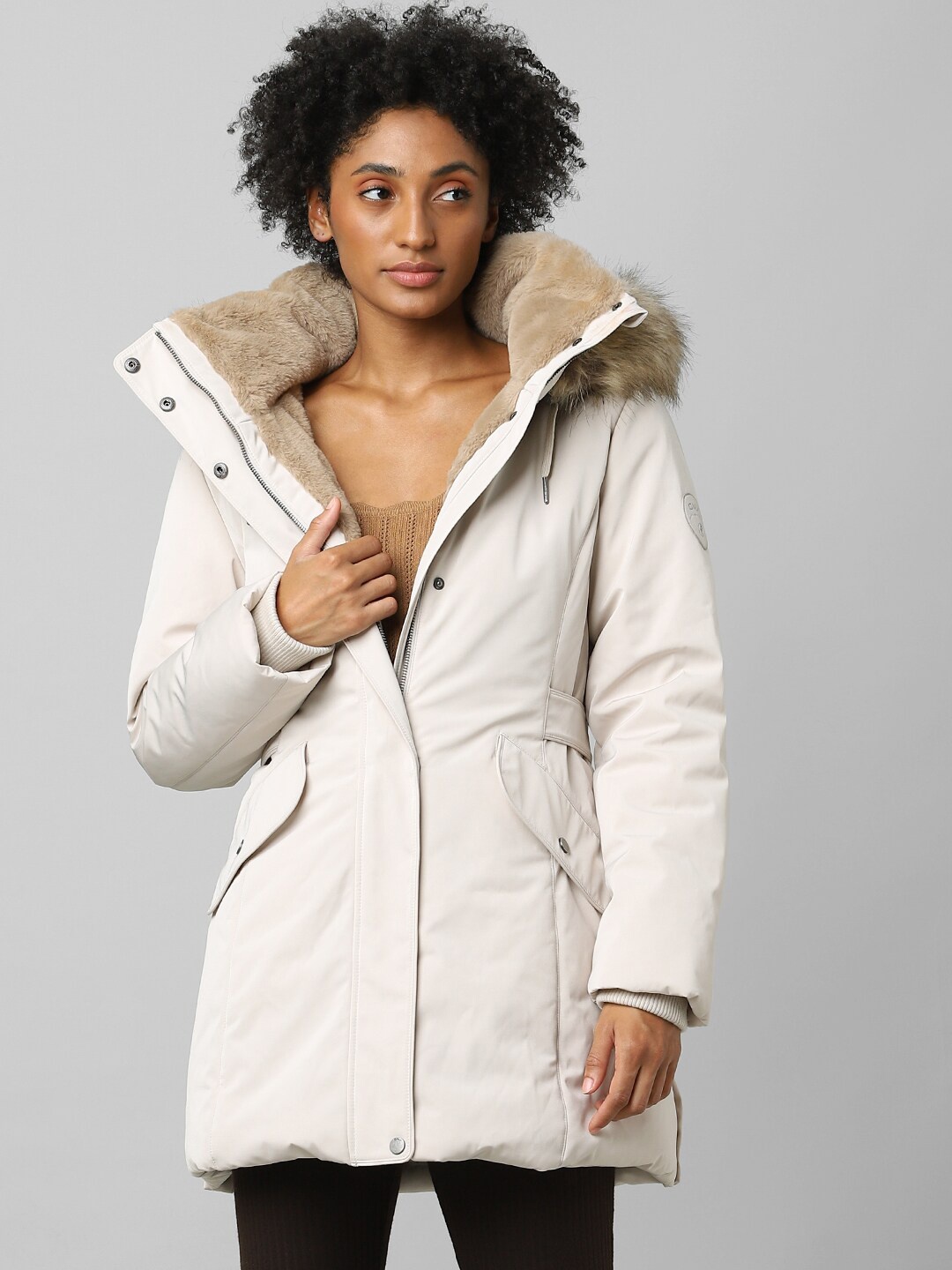 

ONLY Women Beige Solid Longline Puffer Jacket