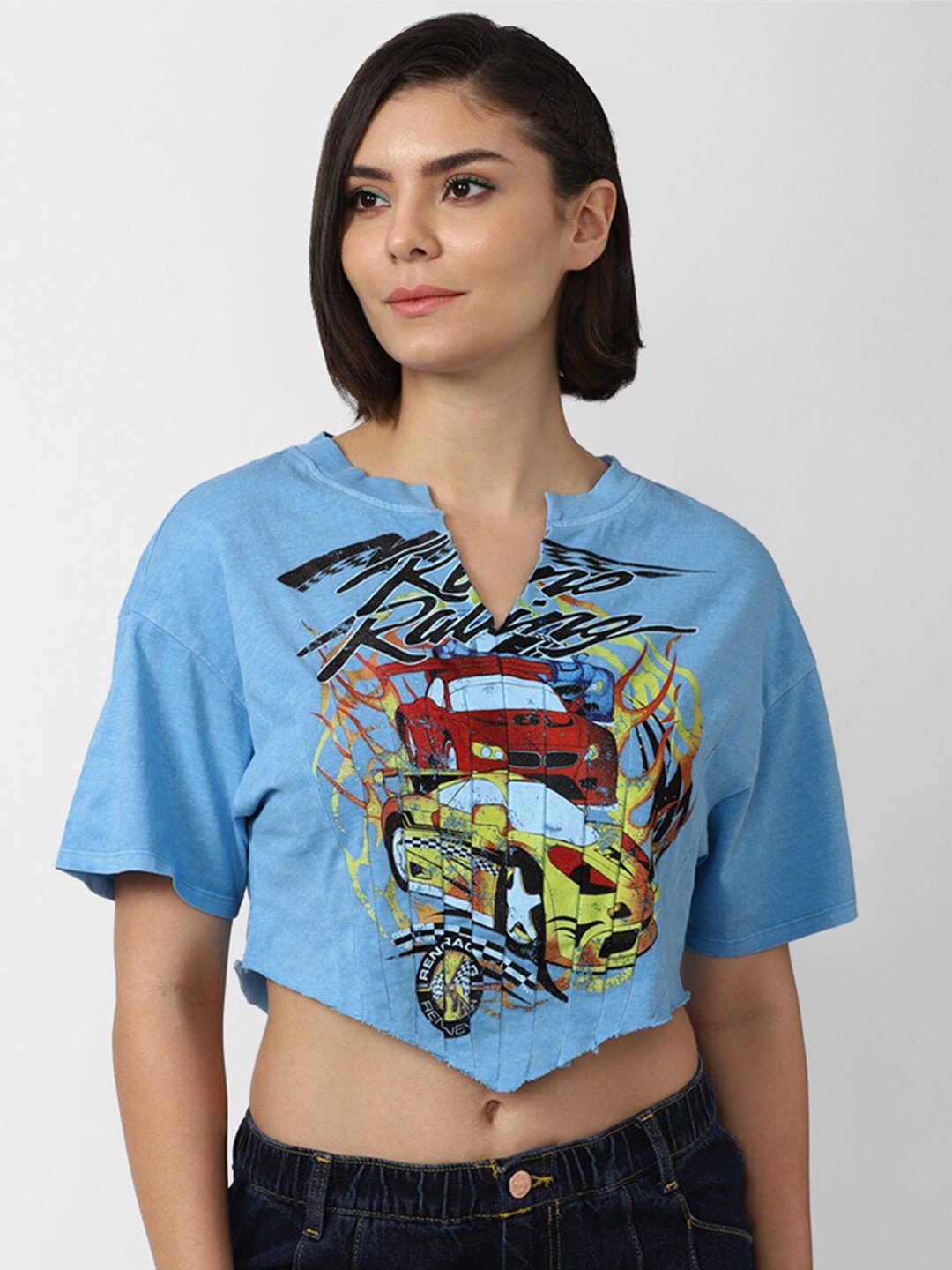 

FOREVER 21 Women Blue Printed V-Neck Raw Edge Cotton T-shirt