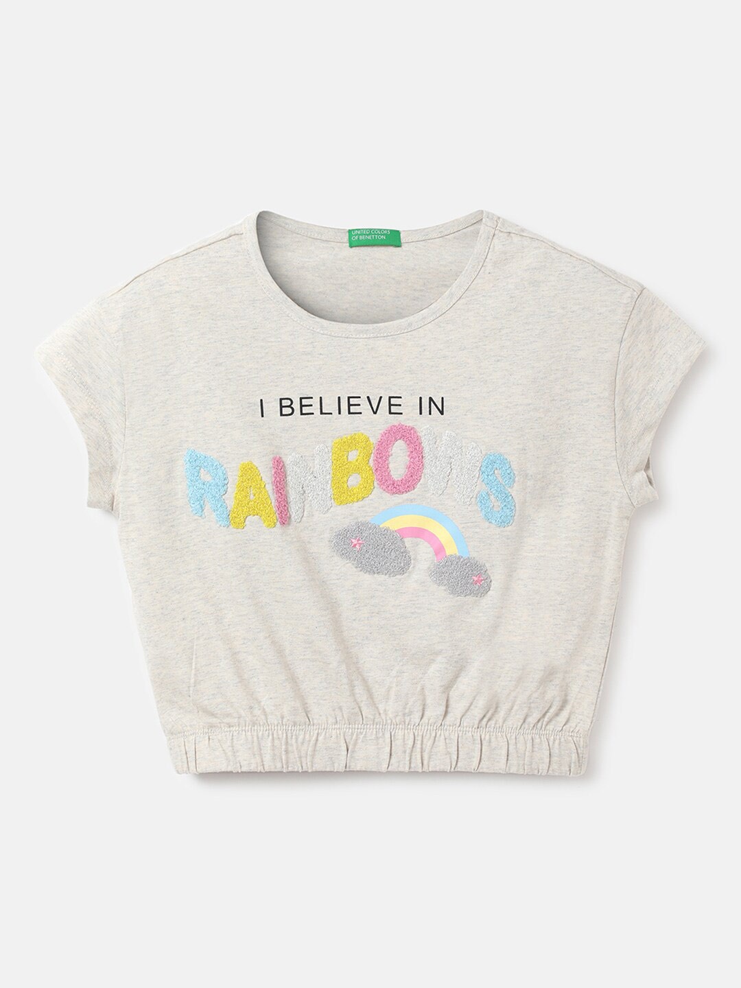 

United Colors of Benetton Girls Grey Printed Cotton Drop-Shoulder Sleeves T-shirt