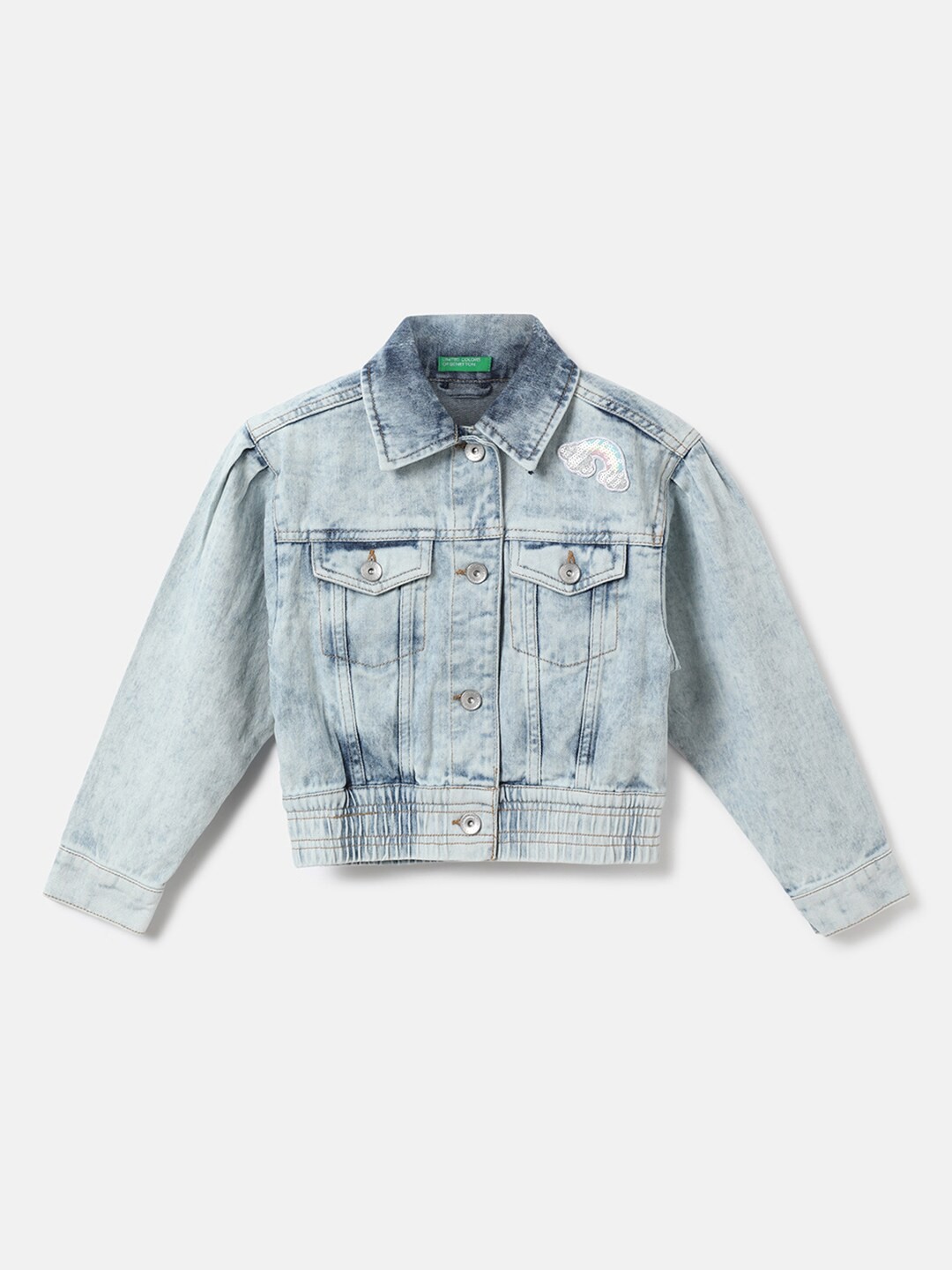 

United Colors of Benetton Girls Blue Crop Cotton Denim Jacket with Embroidered