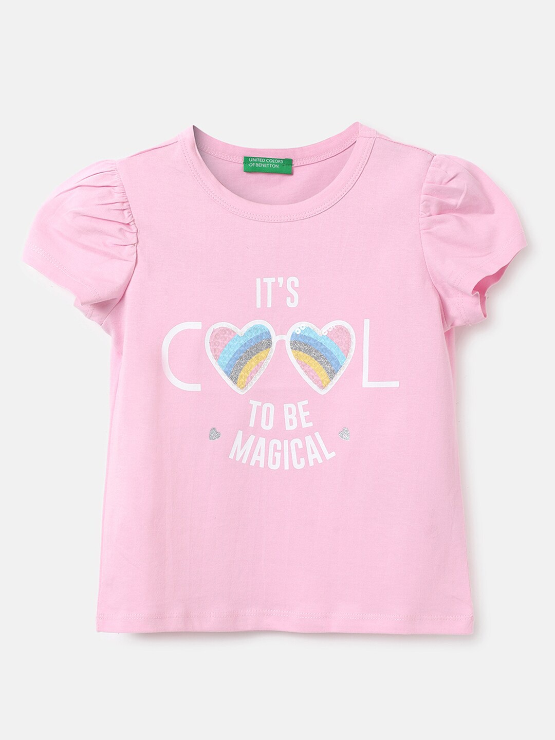 

United Colors of Benetton Girls Pink Typography Printed Cotton T-shirt