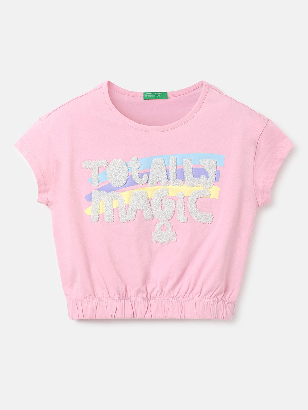 

United Colors of Benetton Girls Pink Typography Printed Applique Cotton T-shirt