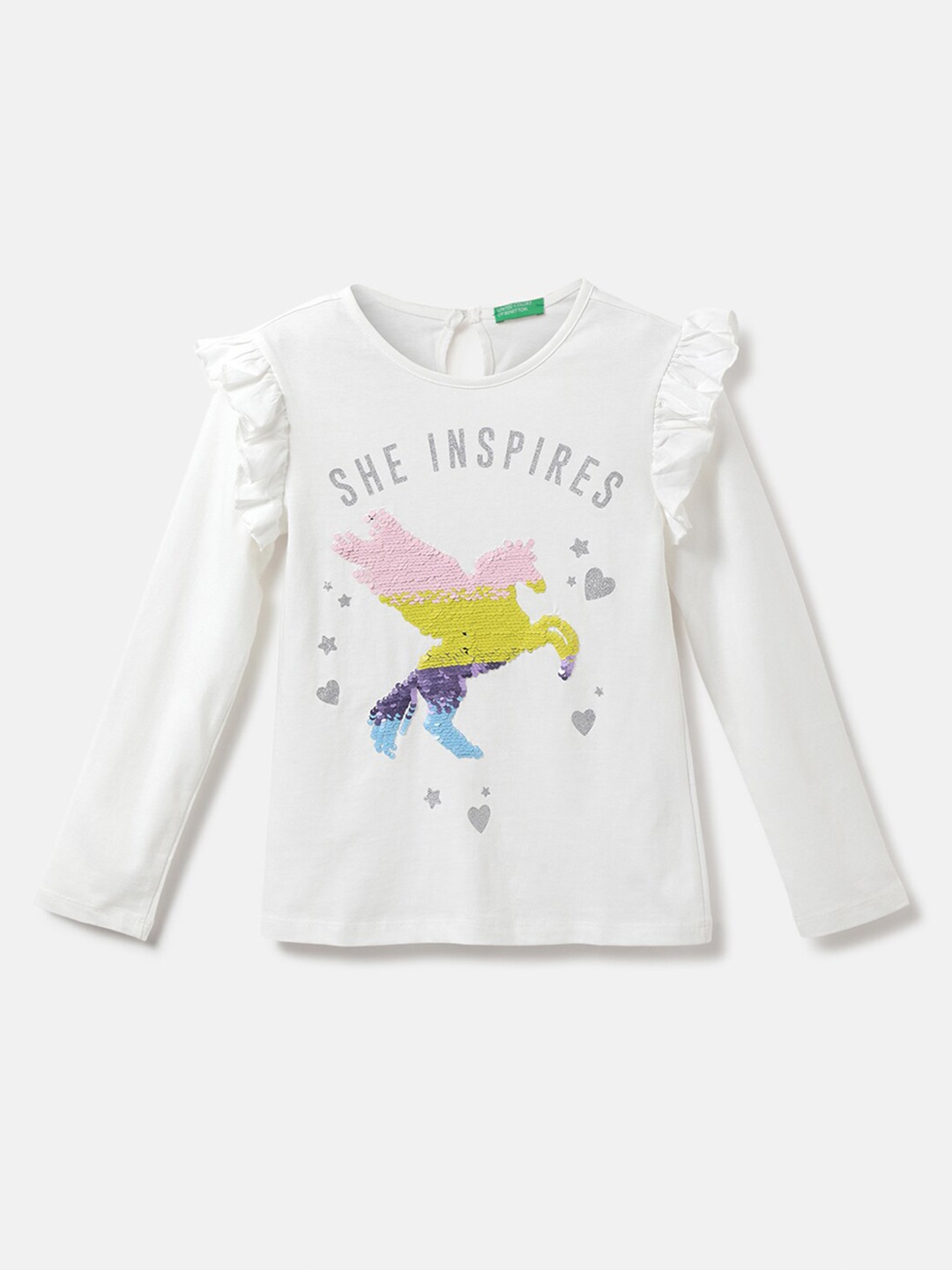 

United Colors of Benetton Girls White Graphic Printed Layered Sleeves Cotton T-shirt