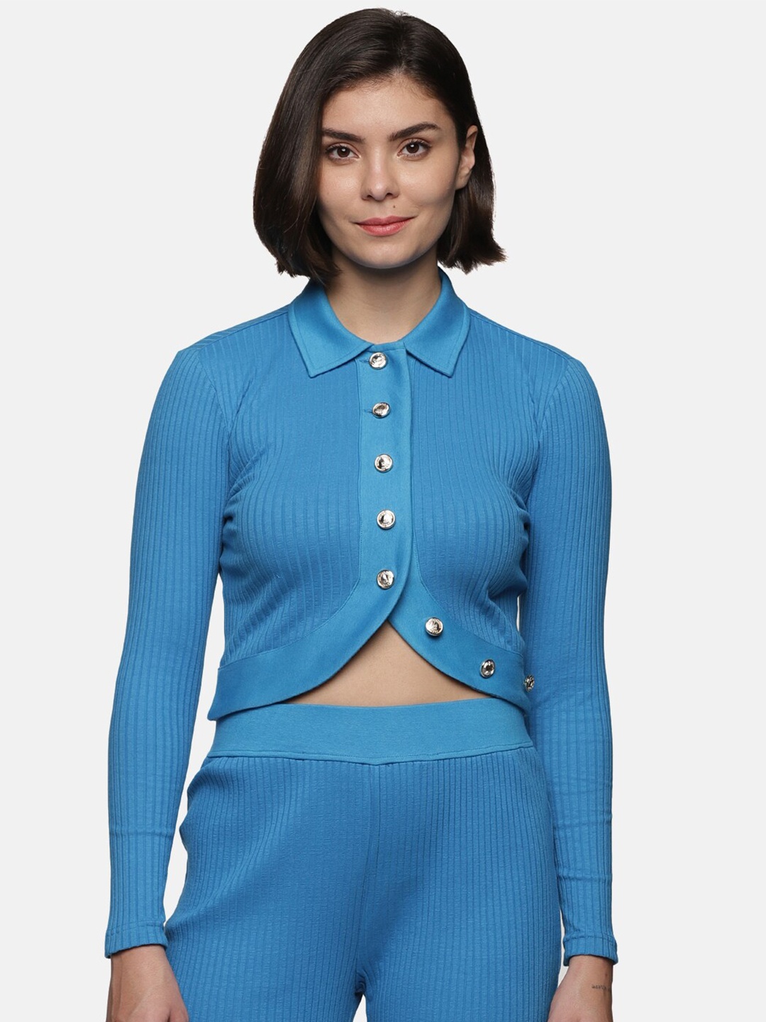 

ISU Blue Solid Shirt Style Crop Top